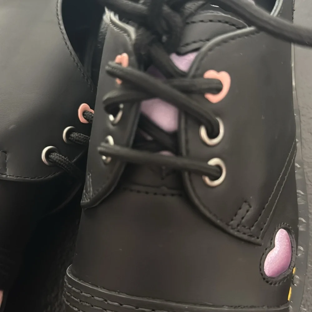Dr. Martens Black Platform Oxfords with Pink Heart Accents - Picture 8 of 16